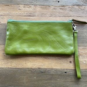 Green handmade leather clutch NWOT